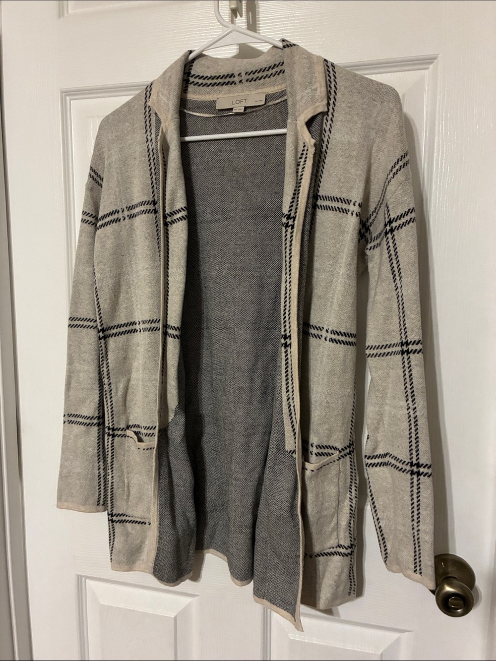 LOFT Beige Plaid Open-Front Cardigan with Gray Interior